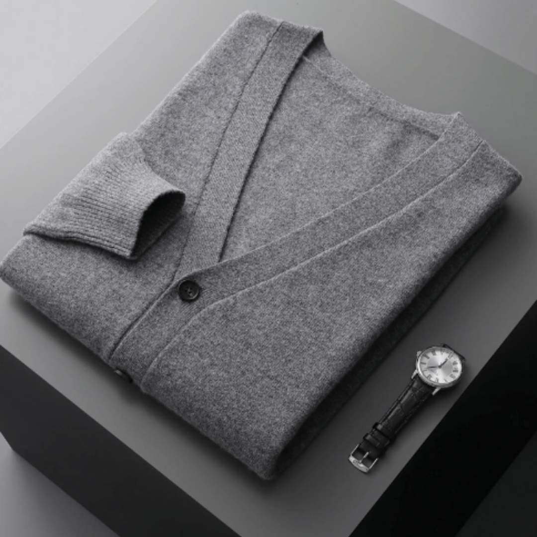 Men’s Classic V-Neck Cardigan with Button Front and Ribbed Knit Dark Grey
