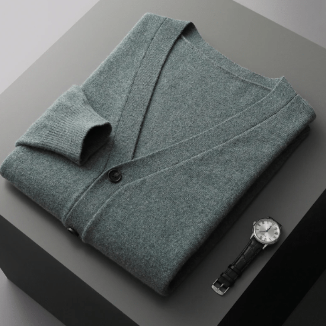 Men’s Classic V-Neck Cardigan with Button Front and Ribbed Knit Green