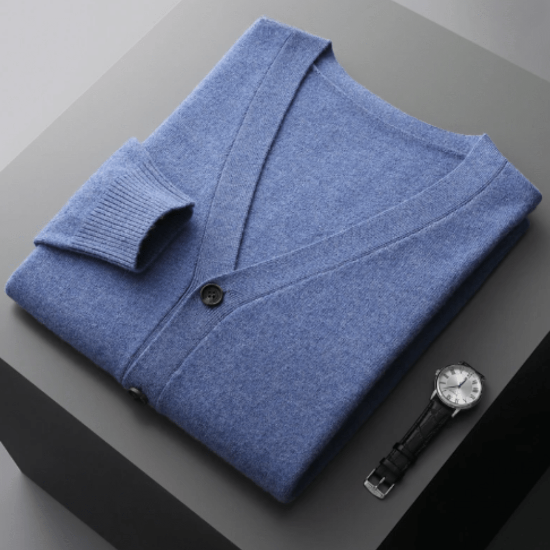 Men’s Classic V-Neck Cardigan with Button Front and Ribbed Knit Blue