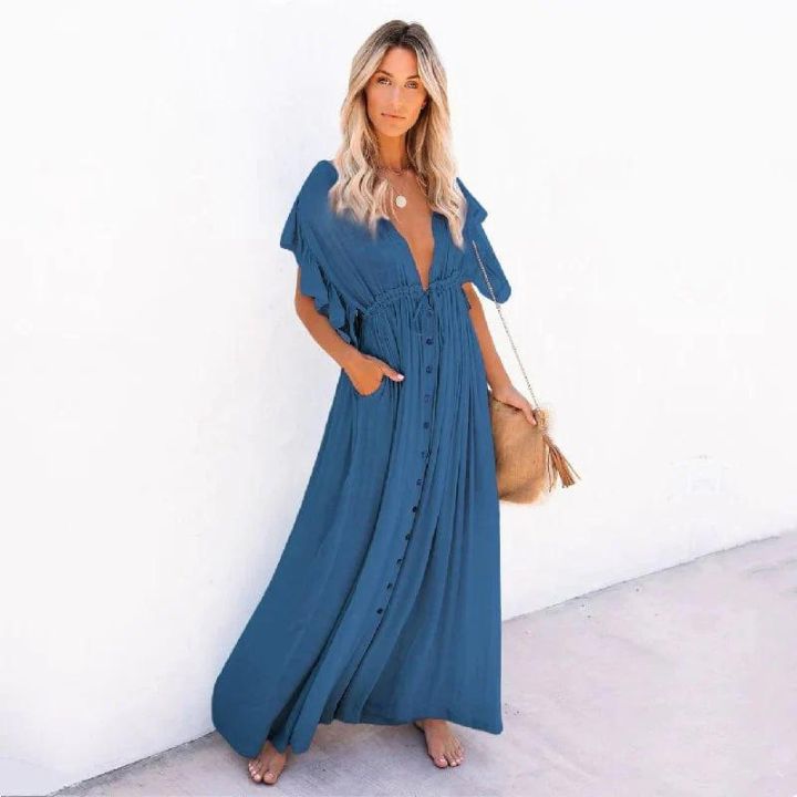 Women’s Elegant Maxi Dress – Relaxed Summer Dress Blue One Size