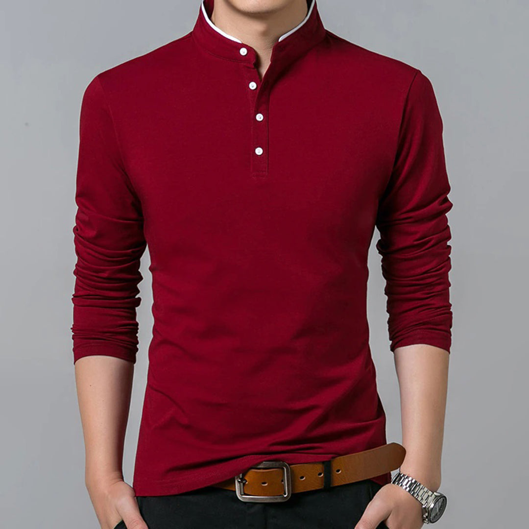 Men’s Slim-Fit Long Sleeve Polo Shirt with Mandarin Collar Red