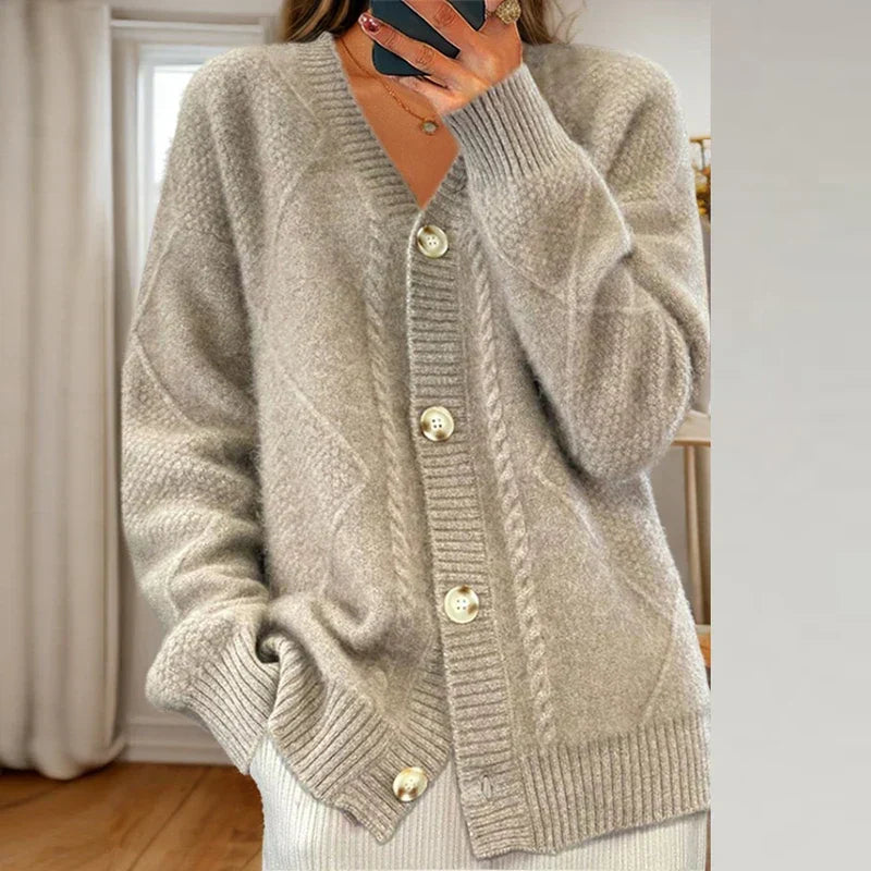 Women’s Cozy Cable Knit Button-Front Cardigan Taupe