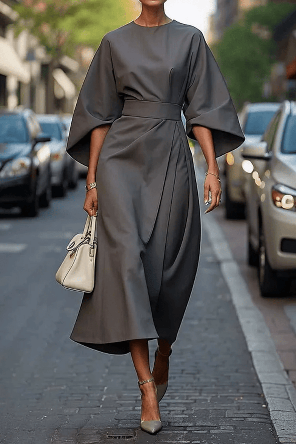 Women’s Elegant Kimono Sleeve Midi Dress Grey