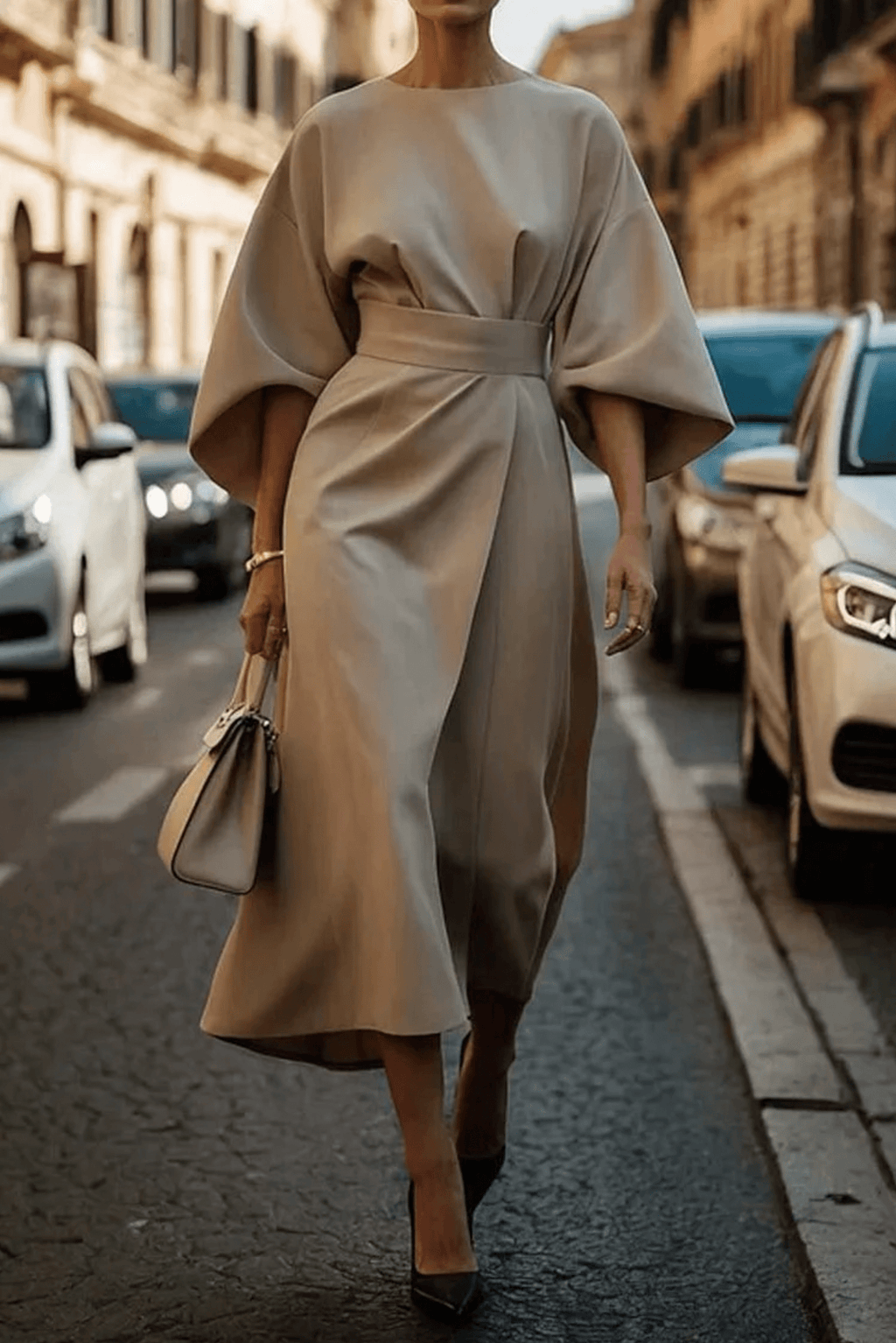 Women’s Elegant Kimono Sleeve Midi Dress Beige