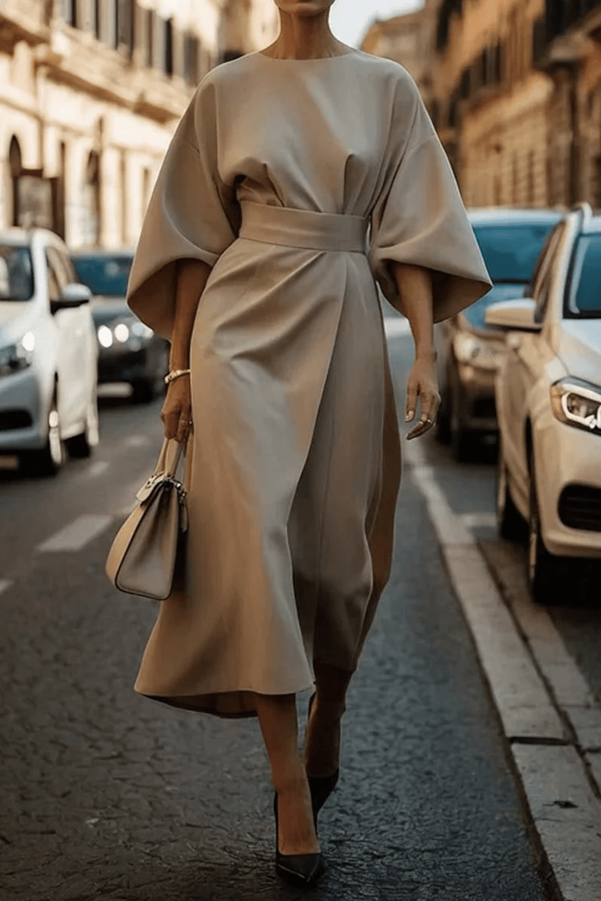 Women’s Elegant Kimono Sleeve Midi Dress Beige