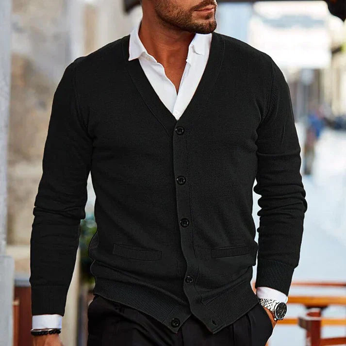 Men’s Classic Button-Down Cardigan with Front Pockets Black