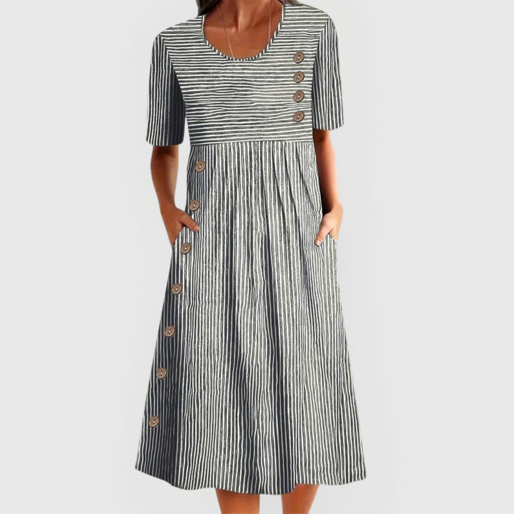 Women’s Elegant Dress with Button Detail and Short Sleeves Grey