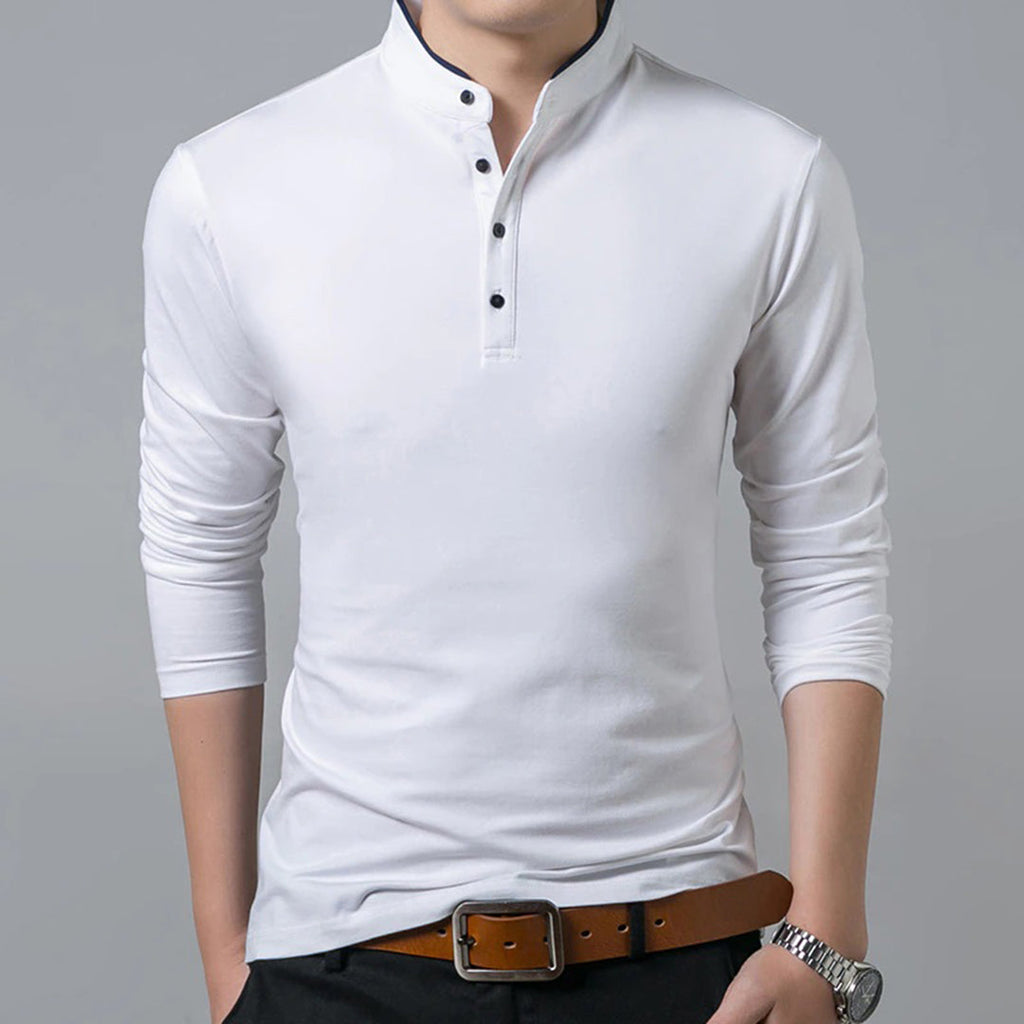 Men’s Slim-Fit Long Sleeve Polo Shirt with Mandarin Collar White