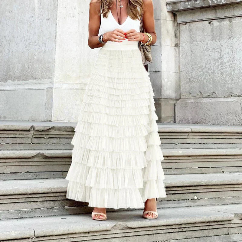 Women’s Flowy Tulle Midi Skirt with Gentle Movement White