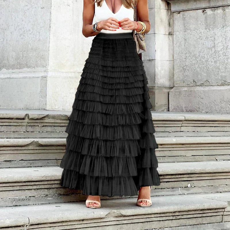 Women’s Flowy Tulle Midi Skirt with Gentle Movement Black