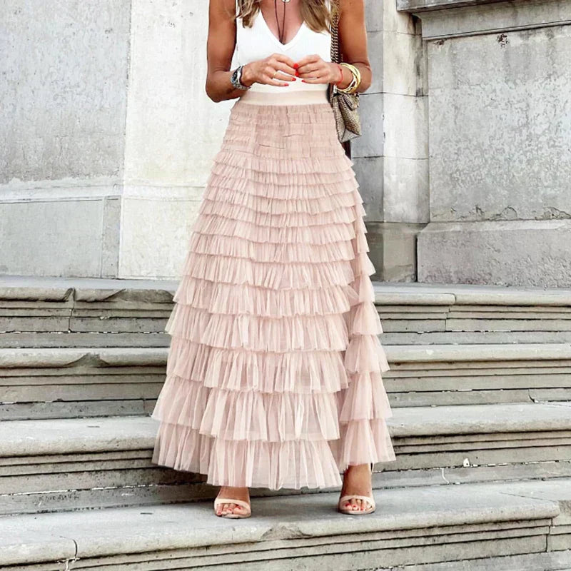 Women’s Flowy Tulle Midi Skirt with Gentle Movement Pink