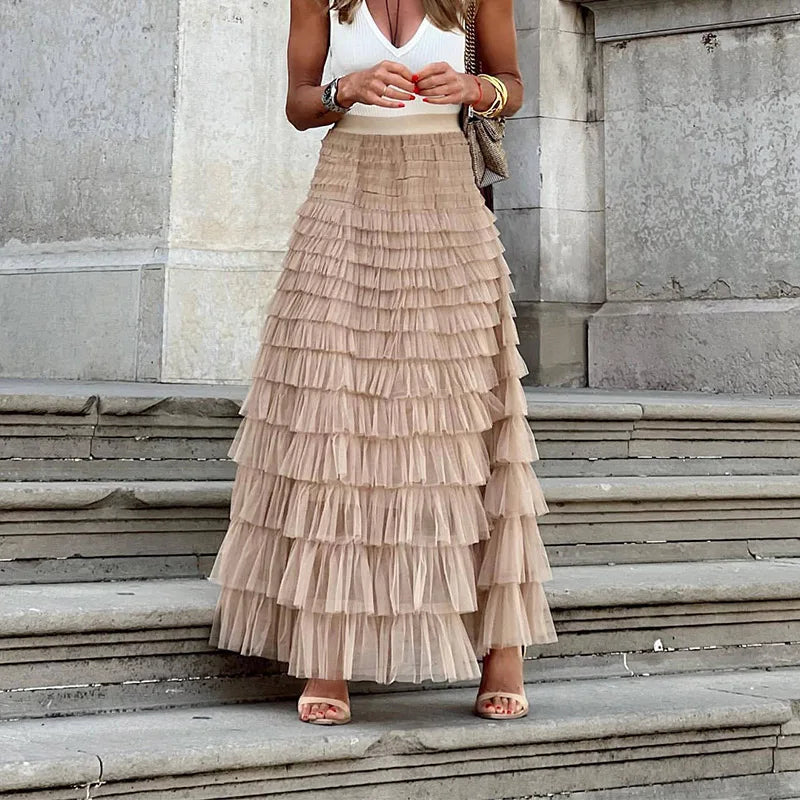 Women’s Flowy Tulle Midi Skirt with Gentle Movement Khaki