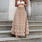 Women’s Flowy Tulle Midi Skirt with Gentle Movement Khaki