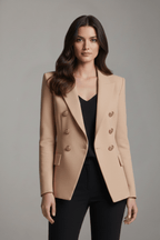 Women’s Structured Double-Breasted Blazer with Gold-Tone Buttons Khaki