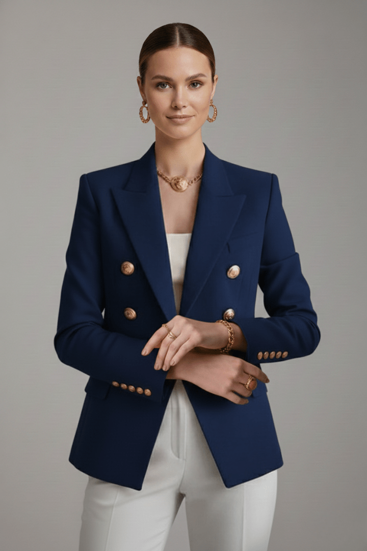 Women’s Structured Double-Breasted Blazer with Gold-Tone Buttons Navy Blue