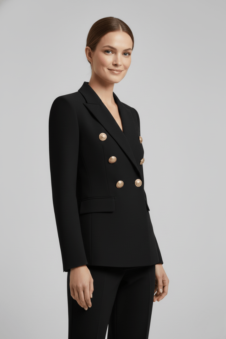 Women’s Structured Double-Breasted Blazer with Gold-Tone Buttons