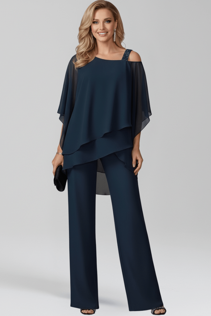 Women’s Cold-Shoulder Flowing Wide-Leg Jumpsuit Dark Blue