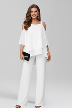 Women’s Cold-Shoulder Flowing Wide-Leg Jumpsuit White