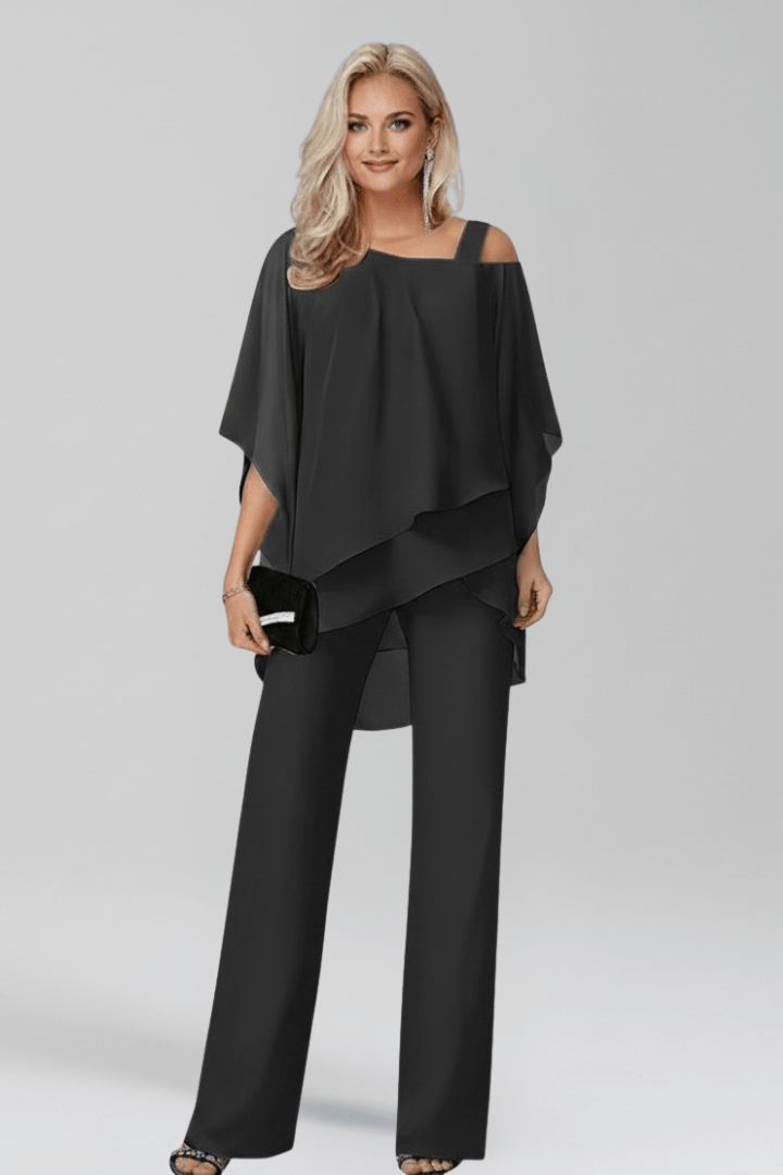 Women’s Cold-Shoulder Flowing Wide-Leg Jumpsuit Black