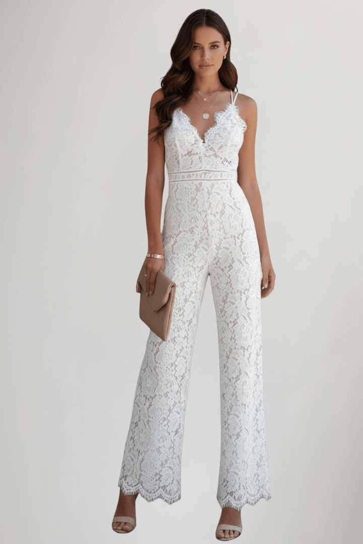 Women’s Elegant Lace V-Neck Wide-Leg Jumpsuit – Summer Ready Style White