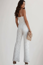 Women’s Elegant Lace V-Neck Wide-Leg Jumpsuit – Summer Ready Style