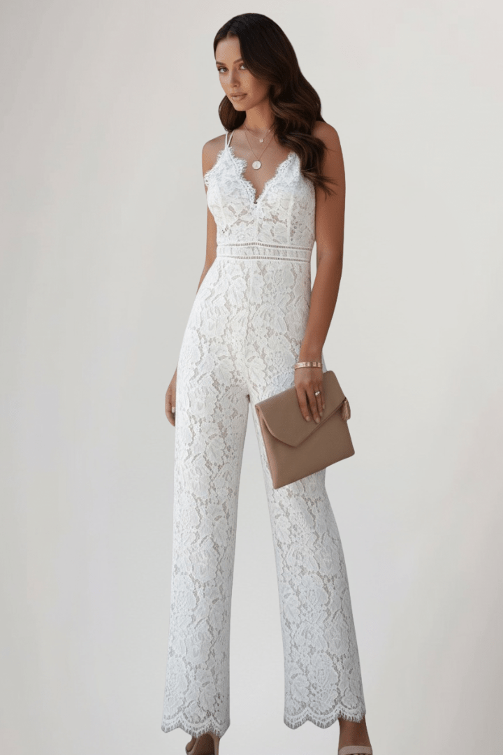 Women’s Elegant Lace V-Neck Wide-Leg Jumpsuit – Summer Ready Style