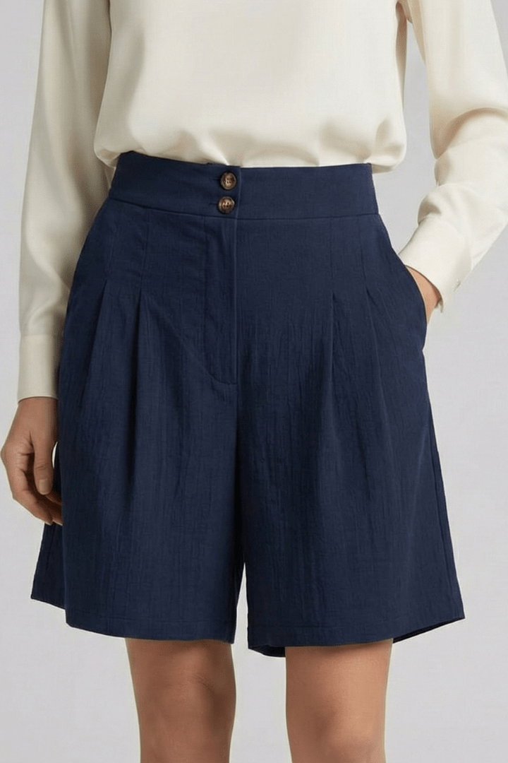 Women’s High Waist Pleated Tailored Shorts for Summer Style Dark Blue