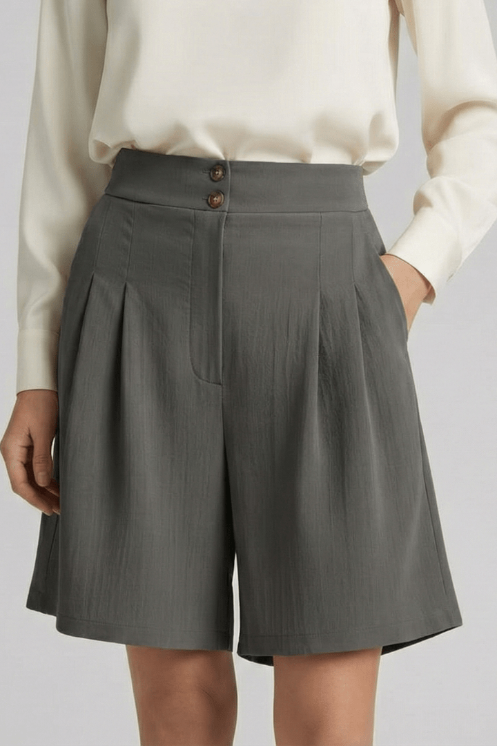 Women’s High Waist Pleated Tailored Shorts for Summer Style Dark Grey