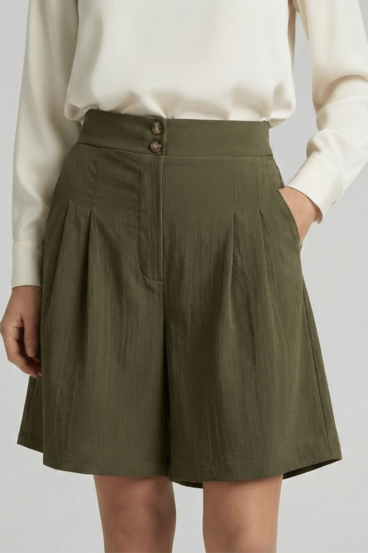 Women’s High Waist Pleated Tailored Shorts for Summer Style Dark Green