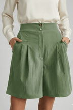 Women’s High Waist Pleated Tailored Shorts for Summer Style Light Green