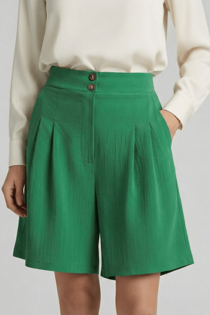 Women’s High Waist Pleated Tailored Shorts for Summer Style Green