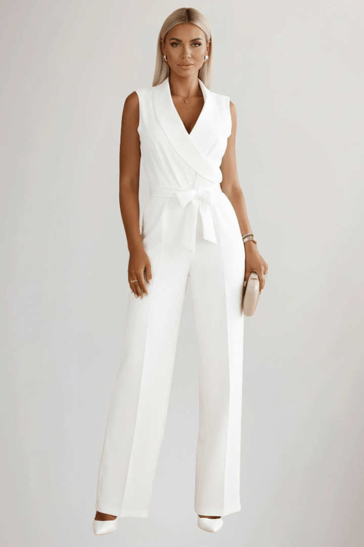 Women’s V-Neck Sleeveless Tie-Waist Jumpsuit – Relaxed Summer Style White