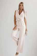 Women’s V-Neck Sleeveless Tie-Waist Jumpsuit – Relaxed Summer Style Khaki