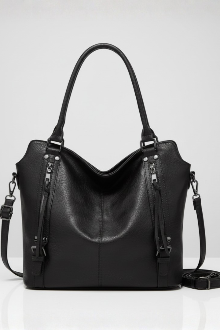 Women’s Classic Structured Tote Bag with Dual Handles and Zip Closure Black