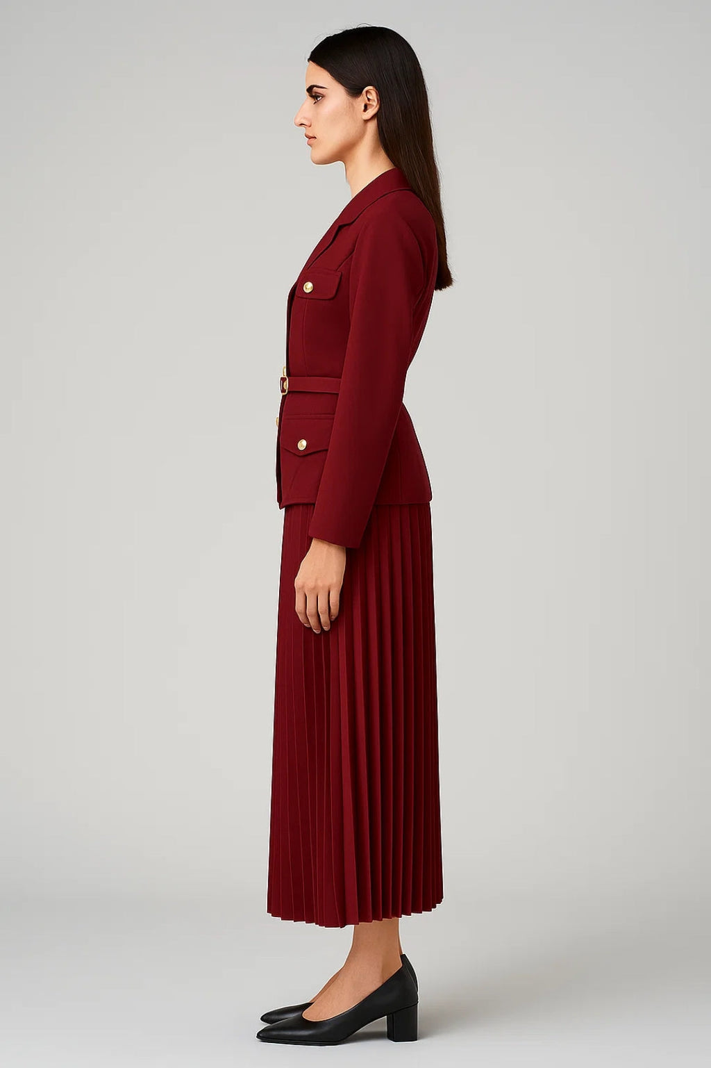 Women’s Double-Breasted Blazer and Pleated Skirt Set