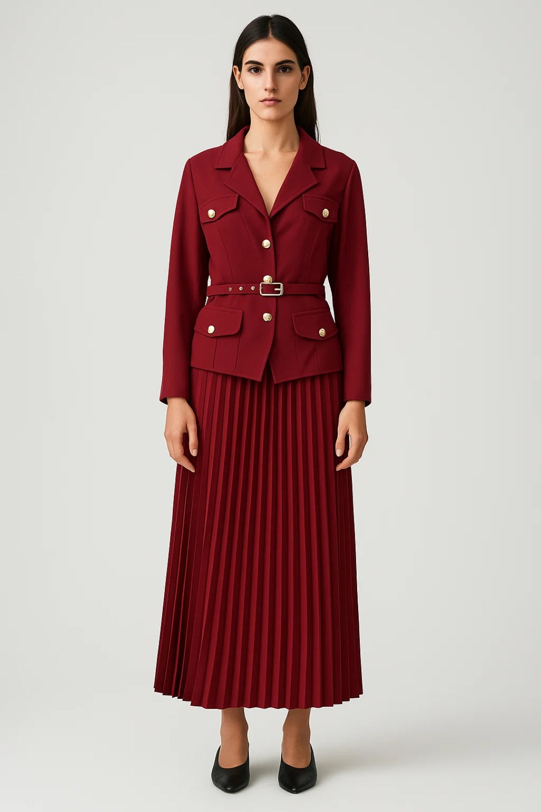 Women’s Double-Breasted Blazer and Pleated Skirt Set Red