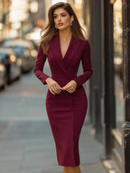 Women’s Elegant Knee-Length Midi Dress with Revers Collar Wine Red