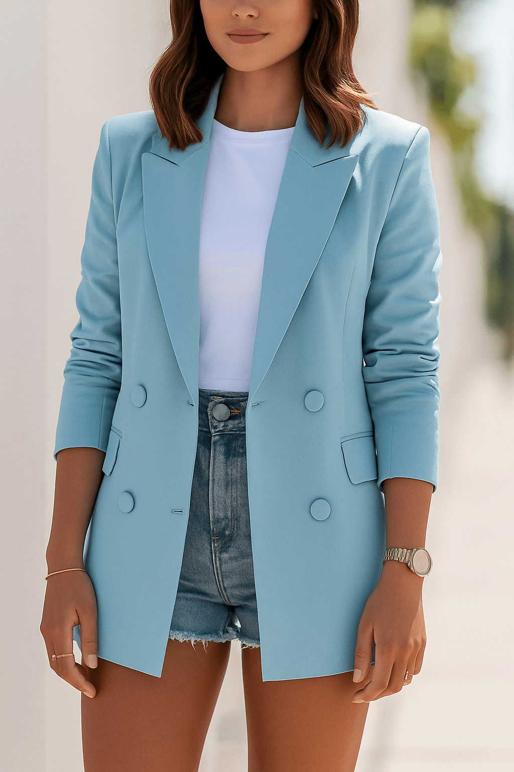Women’s Longline Double Breasted Blazer Jacket for Summer Styling Blue
