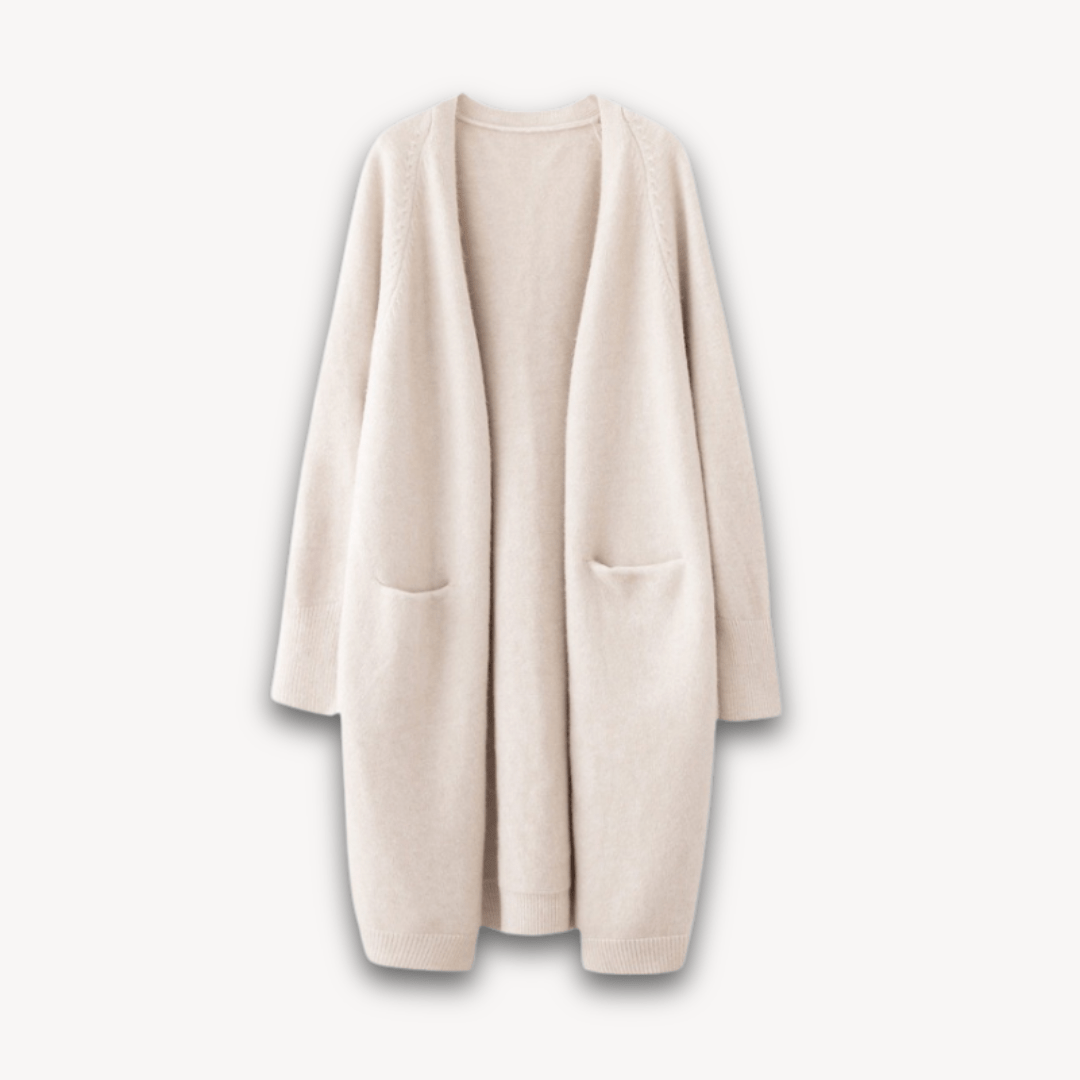 Women’s Long Open Front Cardigan Coat with Patch Pockets Beige