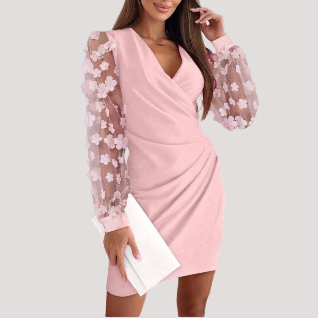 Women’s Elegant Mini Wrap Dress with Sheer Sleeves V Neck Pink