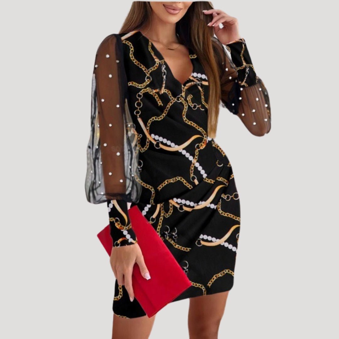 Women’s Elegant Mini Wrap Dress with Sheer Sleeves V Neck Black D
