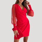 Women’s Elegant Mini Wrap Dress with Sheer Sleeves V Neck Red