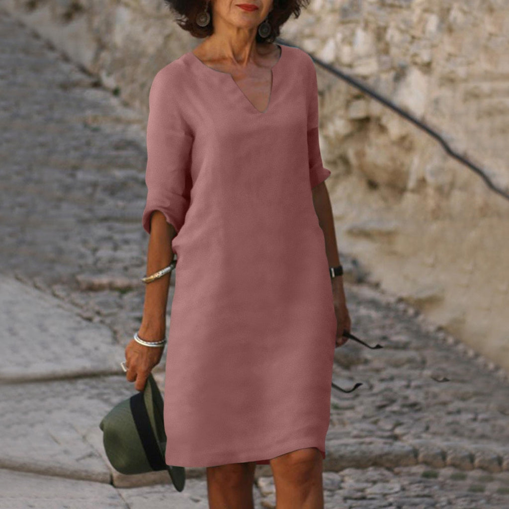 Women’s Elegant V-Neck Knee-Length Dress Pink