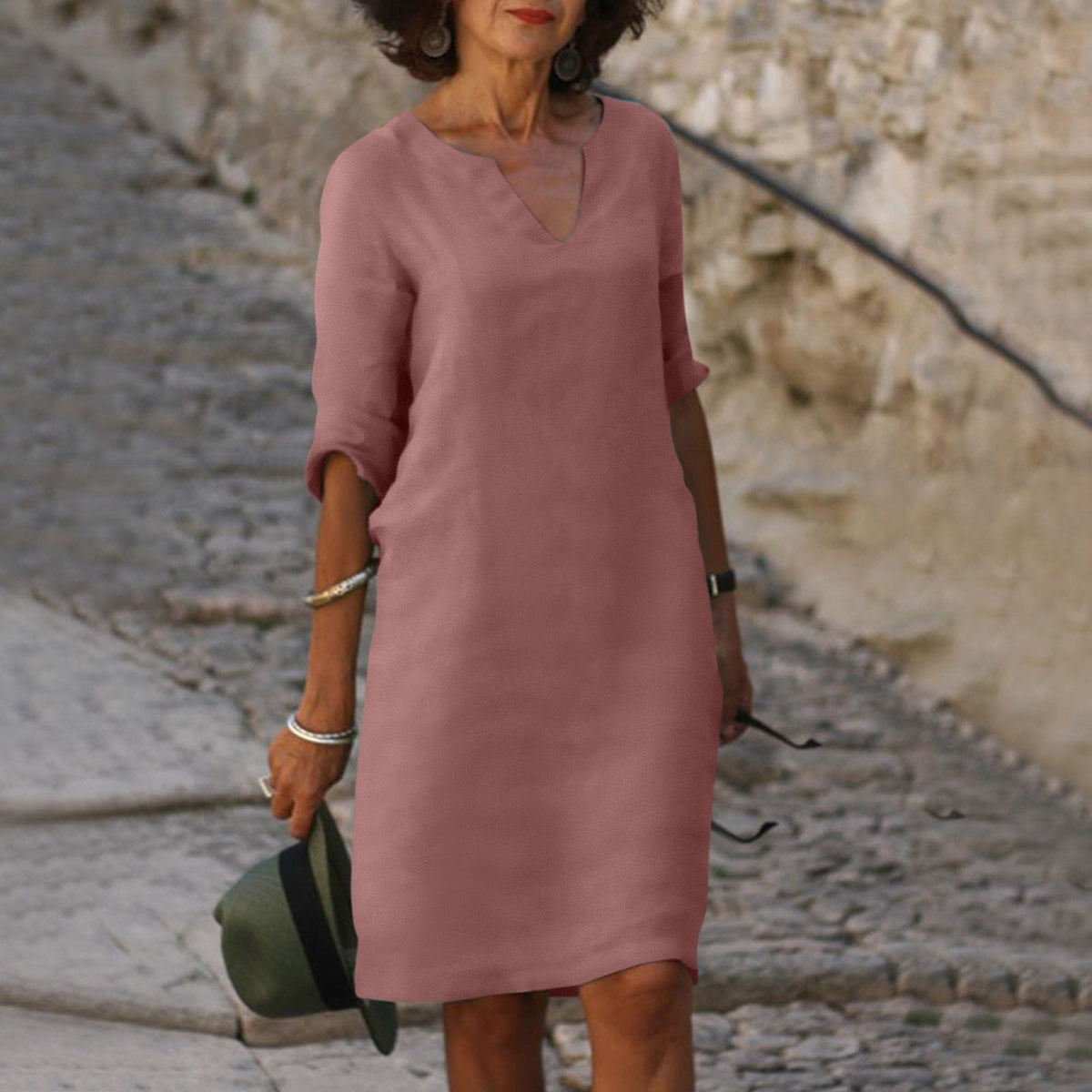Women’s Elegant V-Neck Knee-Length Dress Pink