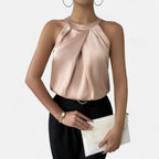 Women’s Elegant Halter Neck Pleated Blouse Beige