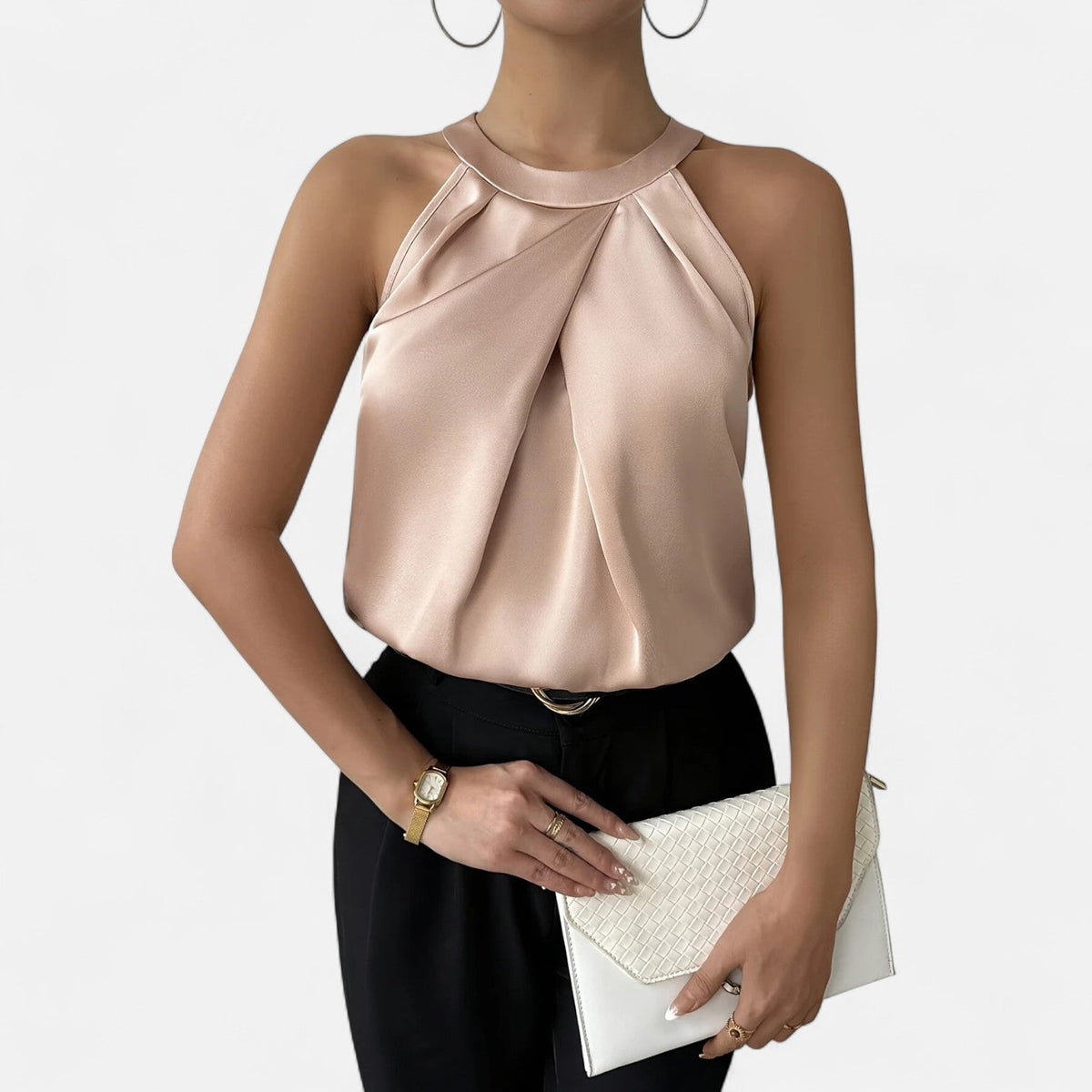 Women’s Elegant Halter Neck Pleated Blouse Beige