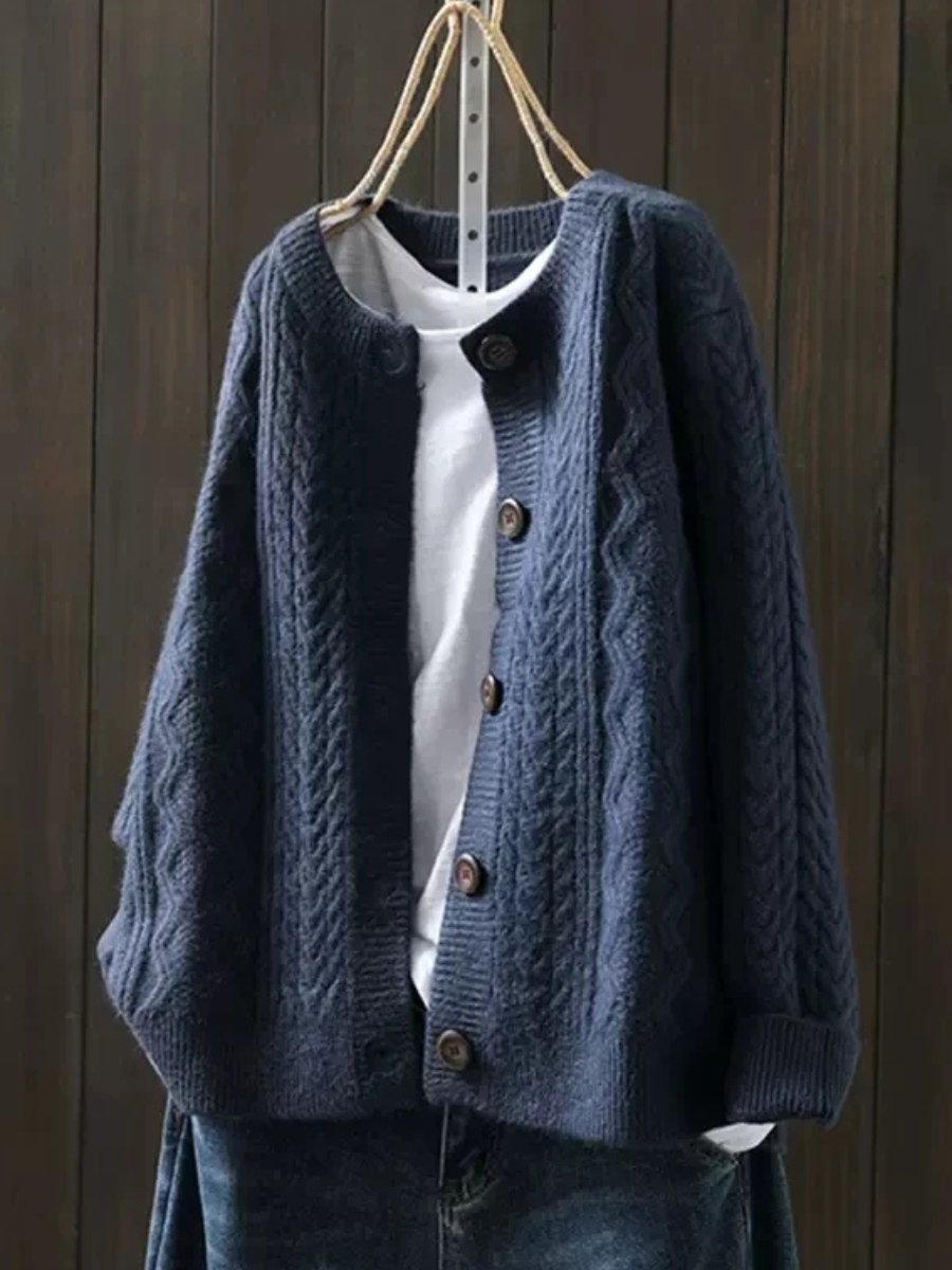 Women’s Oversized Cable-Knit Button-Down Cardigan Navy Blue