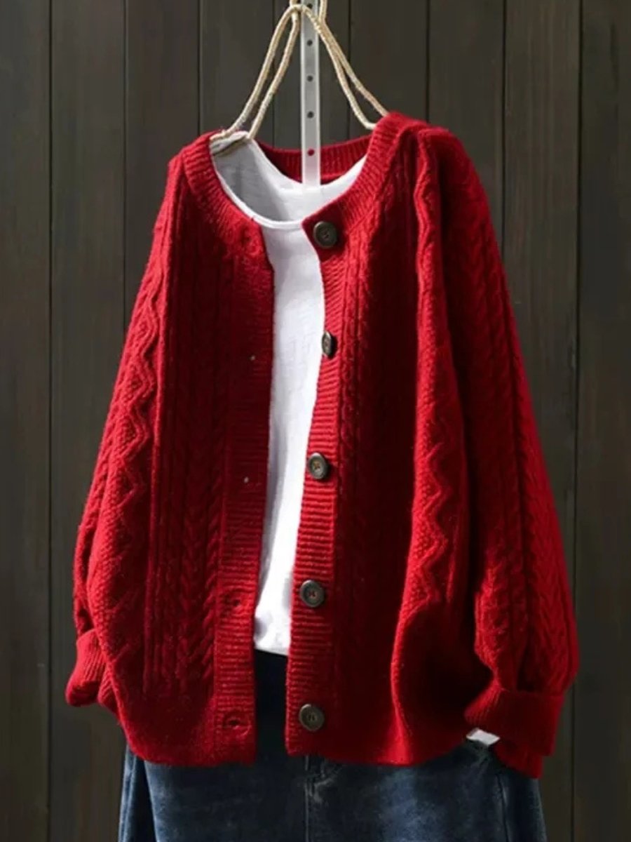 Women’s Oversized Cable-Knit Button-Down Cardigan Red