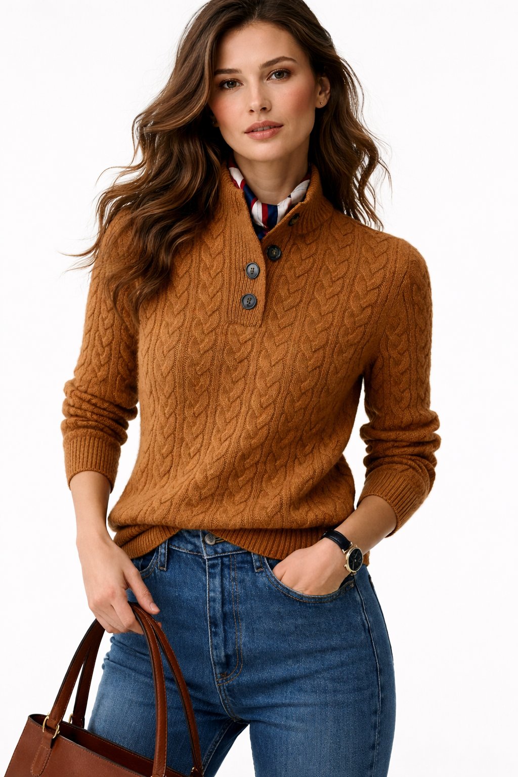 Women’s Cable Knit Button-Neck Jumper Brown