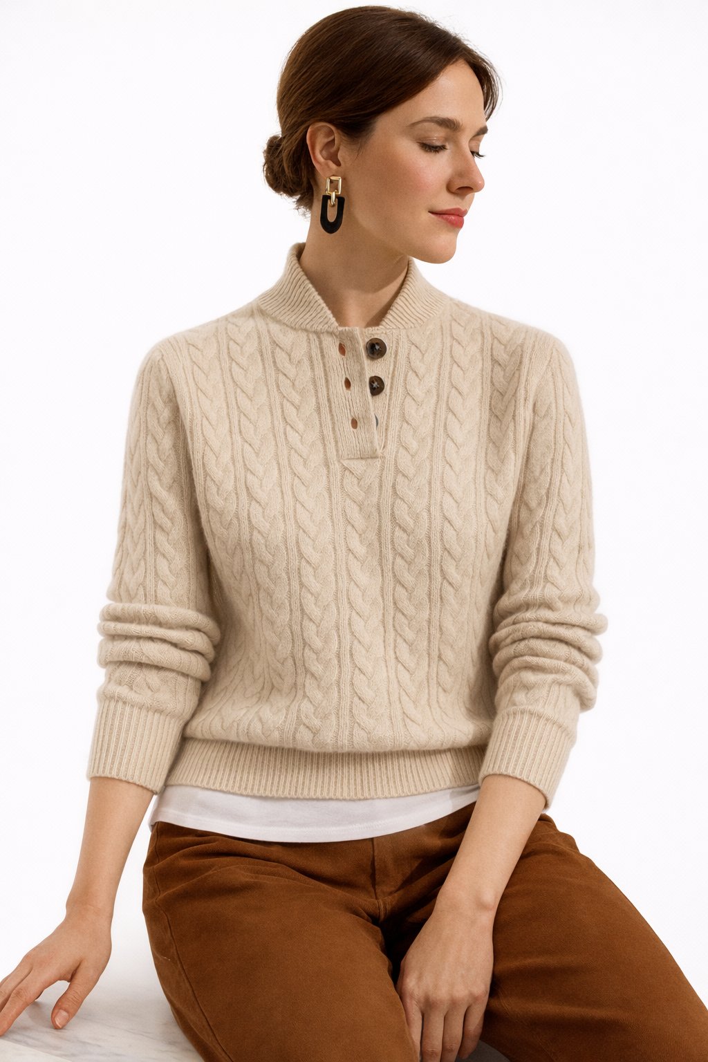 Women’s Cable Knit Button-Neck Jumper Khaki